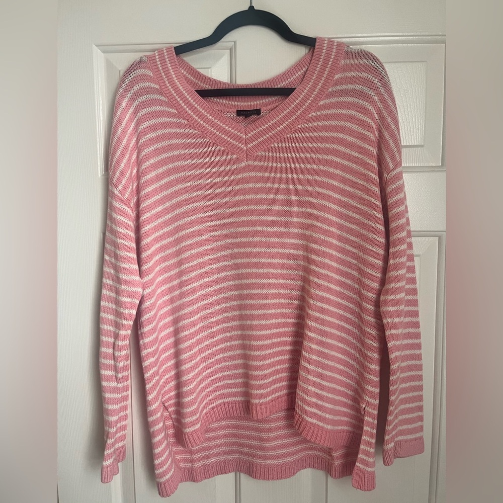 Talbots Pink and White V-Neck Linen/Cotton Sweater